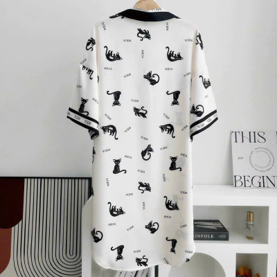 Đầm Ngủ Sơ Mi Lụa Quảng Châu Cổ Vuông Họa Tiết Mèo Con Dễ Thương