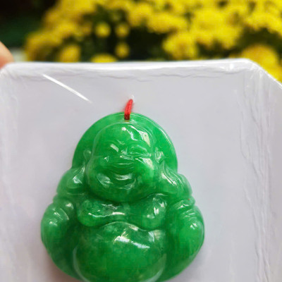 Mặt dây chuyền Nữ Phật Di Lặc bụng tròn Đá Cẩm Thạch Xanh Đậm tự nhiên đẹp Size C36mm x N34mm x S13mm Anh Chị bọc Vàng đeo đẹp ạ