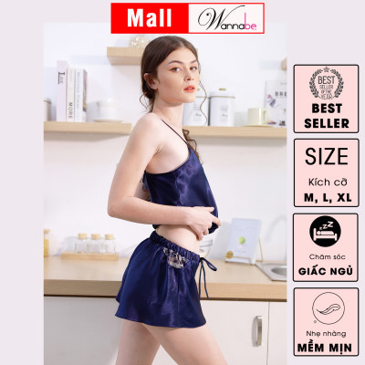 Đồ bộ mặc nhà lụa cao cấp WANNABE BSS62 đồ bộ quần sọt áo hai dây cổ áo phối ren thêu Nhật hình tam giác nhẹ nhàng
