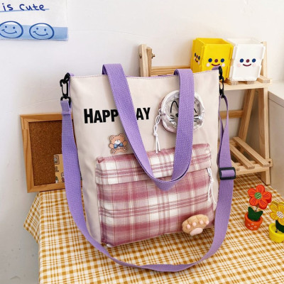 Túi đeo chéo BH Kids, họa tiết Caro HAPPY DAY, vải Canvas, in hình mèo con xinh xắn - CH127