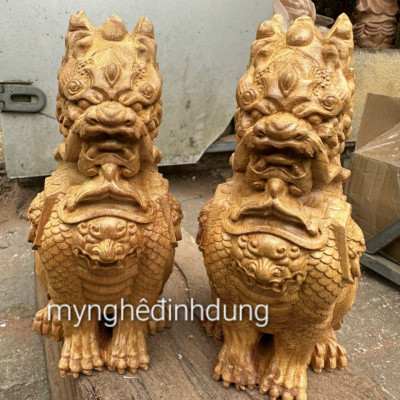 Cặp nghê giữ nhà phong thủy cầu tài lộc bằng gỗ bách xanh thơm nức kt cao 20cm 