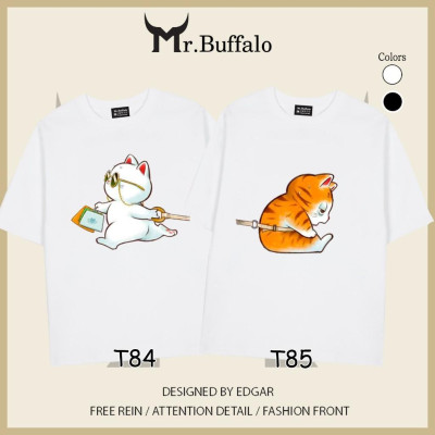 Áo đôi tay lỡ unisex Mèo dễ thương mèo trắng kéo mèo vàng cho cặp đôi Mr.Buffalo