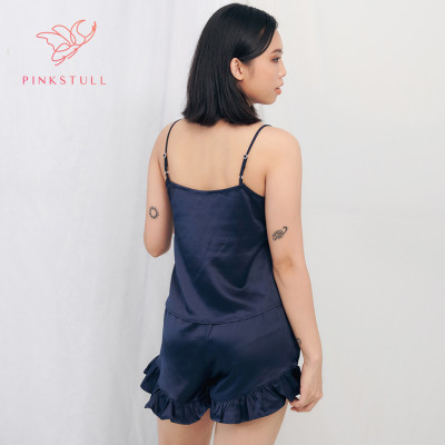 Bộ đồ ngủ hai dây ngắn Pink Stull nút bọc xanh đậm