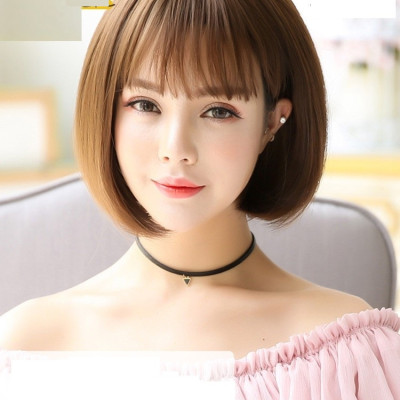 Tóc giả nữ nguyên đầu hàn quốc, kiểu ngắn, mái thưa tặng kèm lưới trùm tóc, giống hình 90%, tóc tơ nhân tạo chịu nhiệt