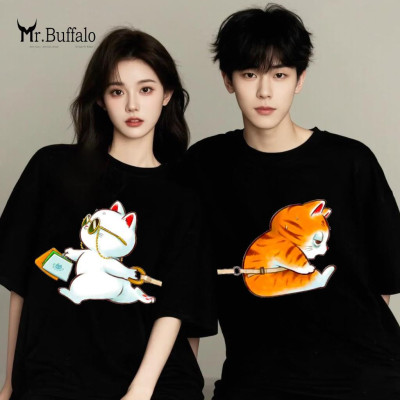 Áo đôi tay lỡ unisex Mèo dễ thương mèo trắng kéo mèo vàng cho cặp đôi Mr.Buffalo