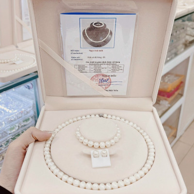Bộ Ngọc Trai Nuôi Thiên Nhiên Vòng Cổ Vòng Tay Khuyên Tai Cao Cấp Kèm Giấy Kiểm Định BCB001 Bạc Hiểu Minh