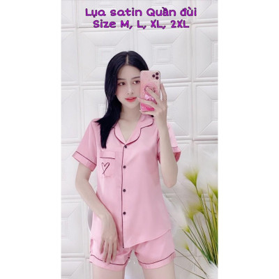 Đồ bộ ngủ pijama lụa satin tay ngắn ,quần ngắn hàng cao cấp Màu Xanh