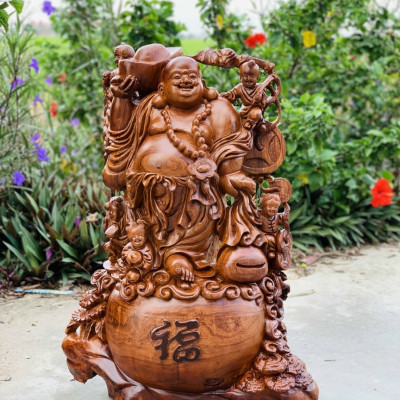 Tượng phật di lặc ngũ phúc bằng gỗ sụn hương ta cực đẹp kt cao 72×55×24cm