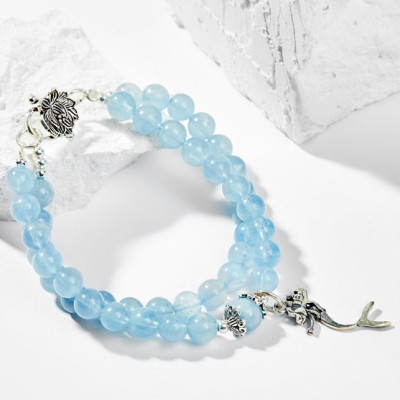 Vòng Chuỗi Hạt Đeo Tay 2 Lines Đá Hải Lam Ngọc Phối Charm Tiên Cá Bạc (6mm) mệnh Thủy, Mộc Ngọc Quý Gemstones