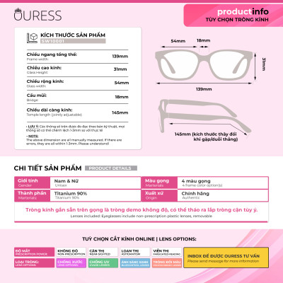 Gọng kính titanium thời trang nam siêu nhẹ siêu bền OURESS sw10001