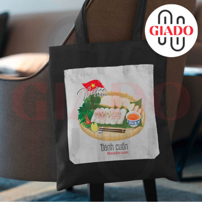 Túi canvas GIADO, túi canvas đen, túi tote in hình món ăn Việt Nam mẫu Bánh cuốn