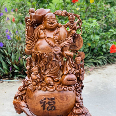 Tượng phật di lặc ngũ phúc bằng gỗ sụn hương ta cực đẹp kt cao 72×55×24cm