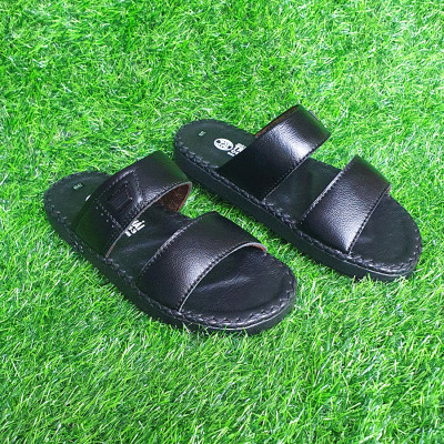 Dép nam đế cao 3cm da bò thật may viền Trường Hải màu đen DN145