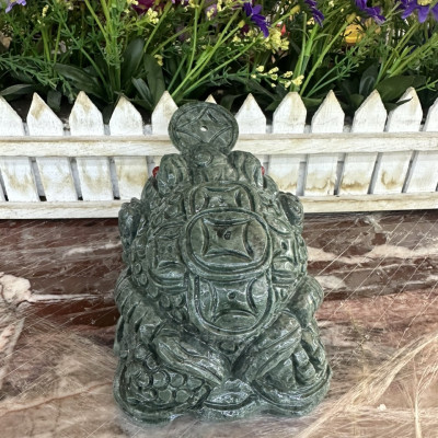 Tượng Cóc Ba Chân, Cóc Ngậm Tiền, Thiềm Thừ phong thủy chiêu tài lộc đá ngọc serpentine - Dài 15 cm