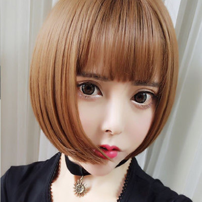 Tóc giả nữ nguyên đầu hàn quốc, kiểu ngắn, mái thưa tặng kèm lưới trùm tóc, giống hình 90%, tóc tơ nhân tạo chịu nhiệt