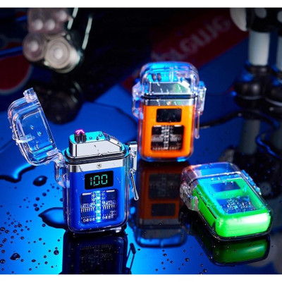 Quẹt Sạc Điện Plasma Chống Nước, Chống Gió, Vỏ Trong Suốt, Có màn hình hiển thị pin