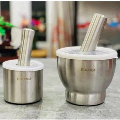 Cối Chày Inox 304  Có Nắp Đậy Cao Cấp – Giã Tỏi Ớt, Gia Vị, Thực Phẩm Nhanh Chóng, Sạch Sẽ Size 10cm