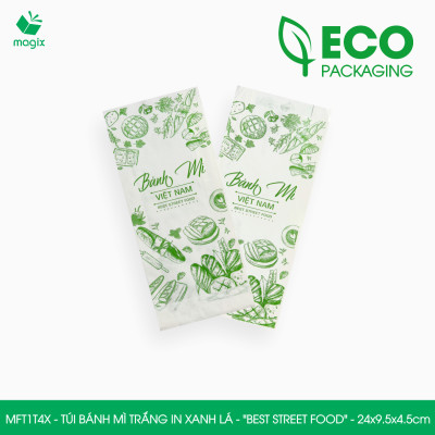 MFT1T4X - 24x9.5x4.5 cm - 500 Túi bánh mì Trắng, in sẵn họa tiết BEST STREET FOOD - Bao bánh mì Túi giấy thực phẩm an toàn