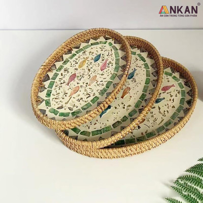 Khay Mây Khảm Trai Hình Bầu Dục Đựng Bánh Kẹo, Trái Cây, Khay Trang Trí Decor Nhà Cửa, Sản Phẩm Thủ Công Từ Mây Tự Nhiên