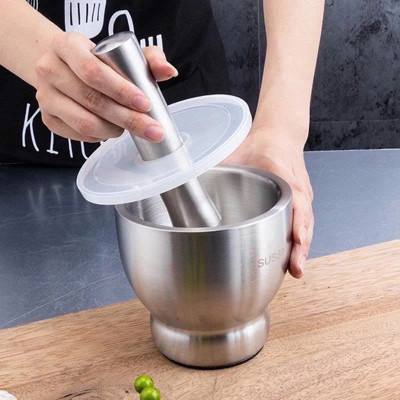 Cối Chày Inox 304 Cao Cấp , Đâm Tiêu , Giã Tỏi, Giã Cua, Có Nắp Đậy, Đế Chống Trượt , Size 10cm 