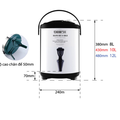 BEONX - Bình ủ trà Bình giữ nhiệt 8L ĐEN - Inox thực phẩm 304 - Màu Đen