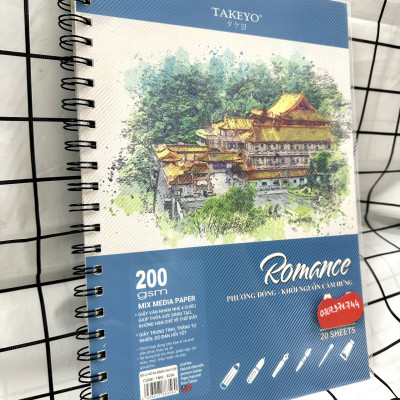 Sổ Vẽ Lò Xo Đa Năng Cao Cấp 20 Tờ Size A4-A5 Định Lượng Giấy 200GMS Và 300GMS Bìa Nhựa Chống Thấm Nước ROMACE TAKEYO, Sổ Vẽ Chuyên Dùng Cho Màu Nước