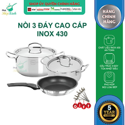 Bộ 2 nồi và 1 chảo chống dính  3 đáy từ inox 430 FiveStar Standard  nắp inox tặng 5 muỗng