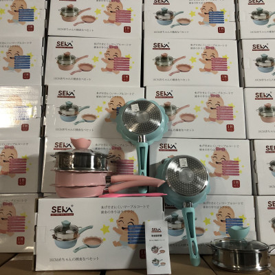 Bộ nồi chảo kèm xưởng hấp nấu ăn dặm cho bé Seka - Bộ nồi chảo 3 món men đá chống dính kèm xửng hấp