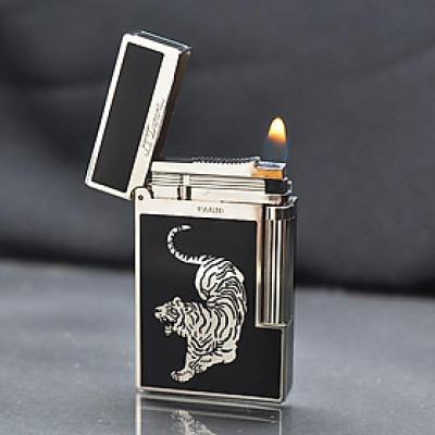Vỏ Hột Quẹt Bật Lửa Gas Đá S.T Upon D11T Thiết Kế Họa Tiết Sơn Mài Đen Viền Bạc Khắc Hình Con Hổ Độc Đáo