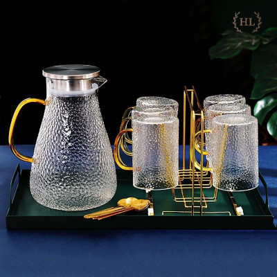 Bình thuỷ tinh chịu nhiệt sần quai vàng | Bộ bình cốc thủy tinh sần Borosilicate chịu nhiệt, chịu lực cao cấp