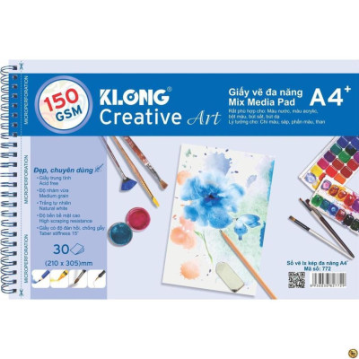 Sổ vẽ KLONG A4+ cao cấp lò xo kép xé 150GSM 30 tờ MS772 