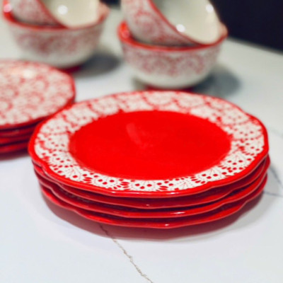 Set bát đĩa sứ The Pioneer Woman hoa đỏ (4 bát, 8 đĩa) hàng chính hãng