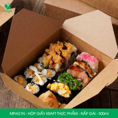 MFHG1N - 25 hộp giấy kraft thực phẩm 500ml, hộp giấy nắp gập màu nâu đựng thức ăn, hộp giấy nắp gài gói đồ ăn mang đi 