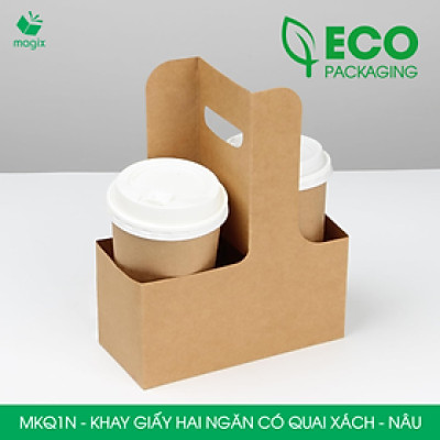 MKQ1N - 17.5x8x9 cm - Combo 100 Khay giấy 2 ngăn quai xách màu nâu siêu chắc, hộp giấy 2 ngăn chống thấm đựng ly nước, hoa và quà tặng