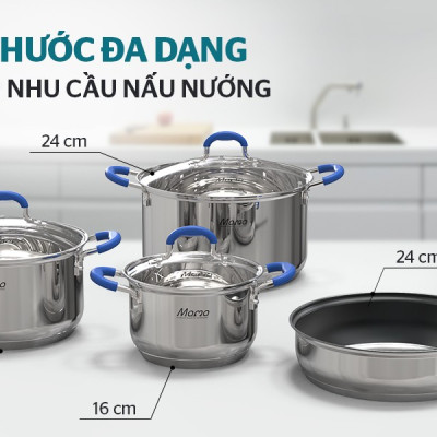 Bộ nồi chảo inox 5 đáy Sunhouse SHG509 - Hàng Chính Hãng