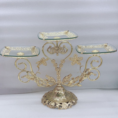 KHAY ĐỰNG BÁNH KẸO HOA QUẢ  THỦY TINH 3 TẦNG KHUNG KIM LOẠI - VD28