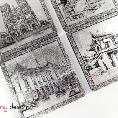 BỘ 6 LÓT CỐC SƠN MÀI HÌNH PHỐ CỔ HÀ NỘI.