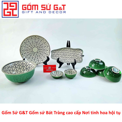 Bộ đồ ăn 4 người men xanh đồng vẽ hoa bèo Gốm Sứ G&T
