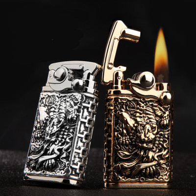 Vỏ Hột Quẹt Bật Lửa Chief CF018-60Y Khắc họa tiết hoa văn Kì Lân đẹp độc lạ - Dùng Xăng Đá Cao Cấp