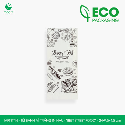 MFT1T4N - 24x9.5x4.5 cm - 100 Túi bánh mì Trắng, in sẵn họa tiết BEST STREET FOOD - Bao bánh mì Túi giấy thực phẩm an toàn