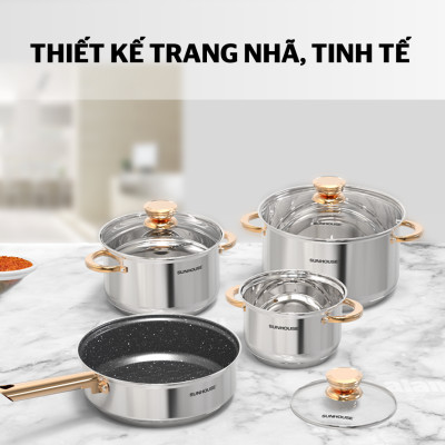 Bộ nồi chảo inox 5 đáy Sunhouse SHG789 - Hàng Chính Hãng