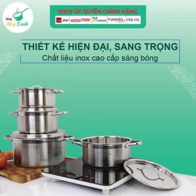 Bộ nồi chảo chống dính vân đá 3 lớp đáy liền inox 304 Fivestar Plus 6 món quai oval nắp kính