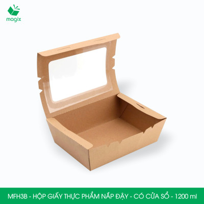MFH3B - 1200ml - 100 hộp giấy kraft đựng thực phẩm, hộp giấy đựng thức ăn có cửa sổ, hộp đựng cơm