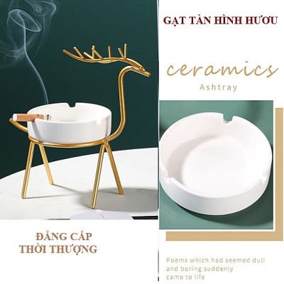 Gạt tàn thuốc bằng sứ, khung sắt đỡ uốn hoa văn hình hươu 
