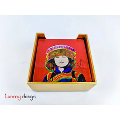 BỘ 6 LÓT CỐC SƠN MÀI HÌNH CÁC CÔ GÁI DÂN TỘC.