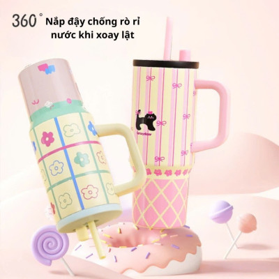 Ly Giữ Nhiệt Có Quai Cầm Họa Tiết Hình Dễ Thương Pastel Dung Tích 710ml Inox316 Giữ Nhiệt Tốt 6-8 Tiếng - HÀNG CHÍNH HÃNG MINIIN