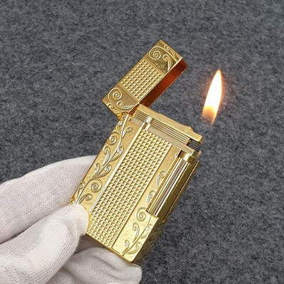 Vỏ Hột Quẹt Bật Lửa Upon Hoa Văn Khắc Dọc 2 Bên D110V Màu Vàng Đẹp, Độc Lạ - Dùng Gas Đá Cao Cấp