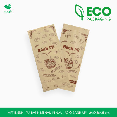 MFT1N5NN - 24x10x4 cm - 1000 Túi bánh mì Nâu, in sẵn họa tiết GIỎ BÁNH MÌ - Bao bánh mì Túi giấy thực phẩm an toàn
