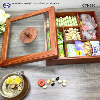 Khay Bánh Kẹo Mứt Tết Gỗ Hương Nắp Kính Vuông Trong Suốt Thiết Kế Trang Trọng - CTH590