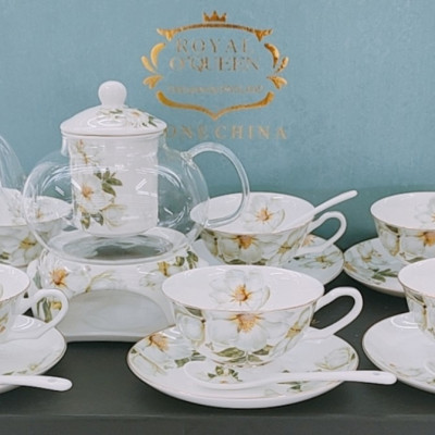 BỘ ẤM THỦY TINH PHA TRÀ HOA KÈM 6 CỐC KHAY VÀ THÌA SỨ XƯƠNG CAO CẤP - VD58